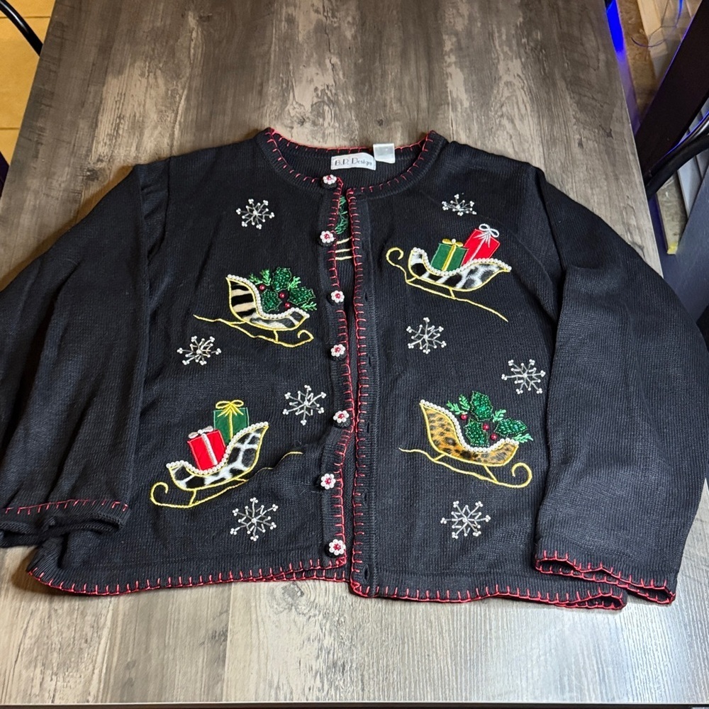 Vintage Festive Black Cardigan with Embroidery Sleigh and Gift Design